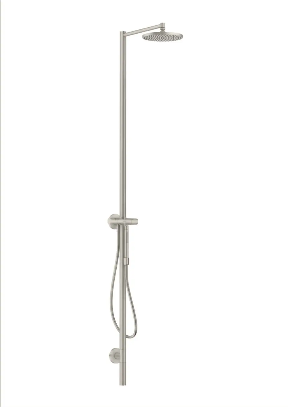 Duschsäule aus Edelstahl mit Kopfbrause, verchromtem Schlauch und Montageteilen. Produkt von AXOR, geeignet für Badezimmerinstallationen.